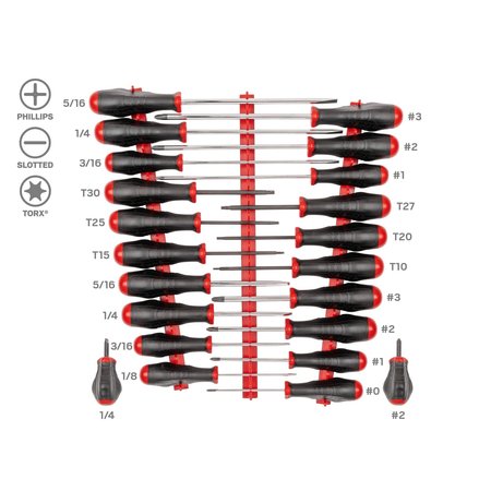 TEKTON High-Torque Screwdriver Set with Red Rails, 22-Piece (#0-#3, 1/8-5/16 in., T10-30) DRV45501